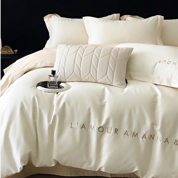 91家纺网 家纺一手货源 找家纺 禧澜庭 2026新款高支纯棉全棉斜纹四件套刺绣绣花款轻奢三件套--简爱系列 贵族白+香槟