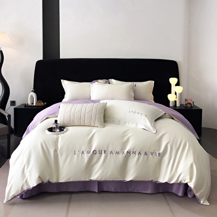 禧澜庭 2026新款高支纯棉全棉斜纹四件套刺绣绣花款轻奢三件套--简爱系列 贵族白+浅紫