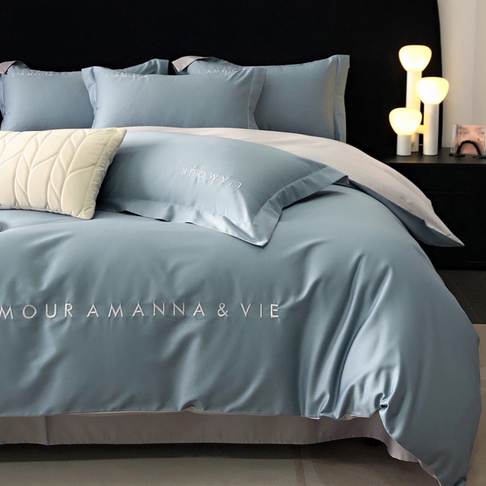 91家纺网 家纺一手货源 找家纺 禧澜庭 2026新款高支纯棉全棉斜纹四件套刺绣绣花款轻奢三件套--简爱系列 莫奈蓝+浅灰