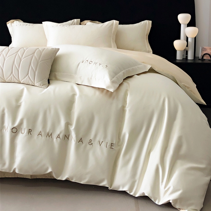 91家纺网 家纺一手货源 找家纺 禧澜庭 2026新款高支纯棉全棉斜纹四件套刺绣绣花款轻奢三件套--简爱系列 贵族白+香槟