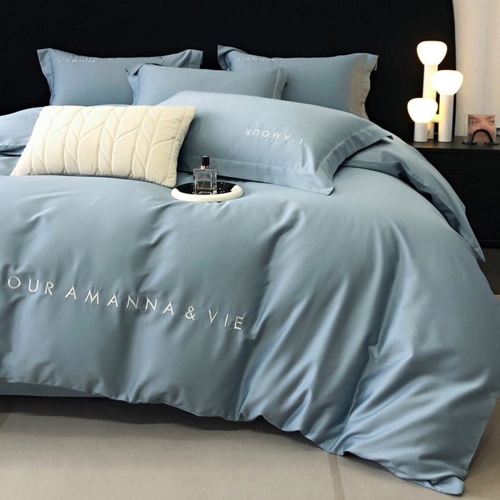 91家纺网 家纺一手货源 找家纺 禧澜庭 2026新款高支纯棉全棉斜纹四件套刺绣绣花款轻奢三件套--简爱系列 莫奈蓝