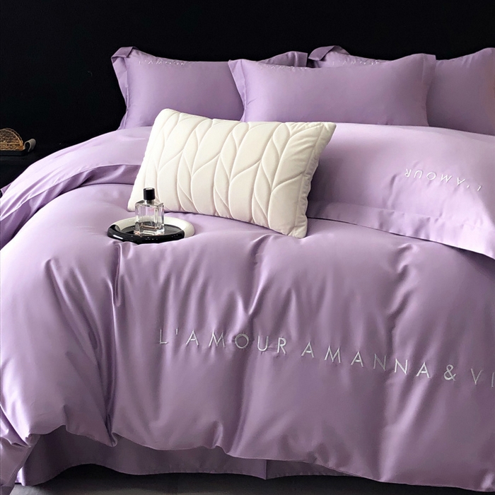 91家纺网 家纺一手货源 找家纺 禧澜庭 2026新款高支纯棉全棉斜纹四件套刺绣绣花款轻奢三件套--简爱系列 星辰紫