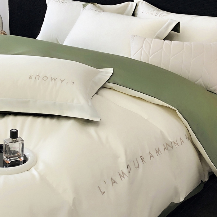 91家纺网 家纺一手货源 找家纺 禧澜庭 2026新款高支纯棉全棉斜纹四件套刺绣绣花款轻奢三件套--简爱系列 贵族白+绿色