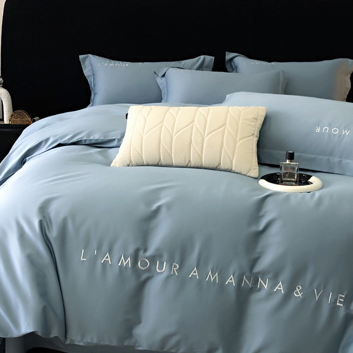 91家纺网 家纺一手货源 找家纺 禧澜庭 2026新款高支纯棉全棉斜纹四件套刺绣绣花款轻奢三件套--简爱系列 莫奈蓝