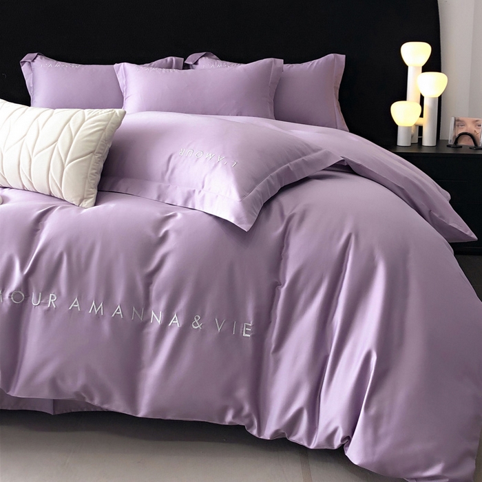 91家纺网 家纺一手货源 找家纺 禧澜庭 2026新款高支纯棉全棉斜纹四件套刺绣绣花款轻奢三件套--简爱系列 星辰紫