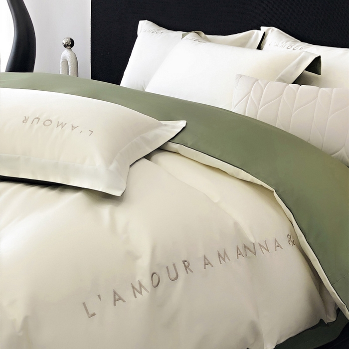 91家纺网 家纺一手货源 找家纺 禧澜庭 2026新款高支纯棉全棉斜纹四件套刺绣绣花款轻奢三件套--简爱系列 贵族白+绿色