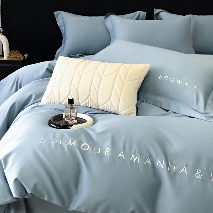 91家纺网 家纺一手货源 找家纺 禧澜庭 2026新款高支纯棉全棉斜纹四件套刺绣绣花款轻奢三件套--简爱系列 莫奈蓝