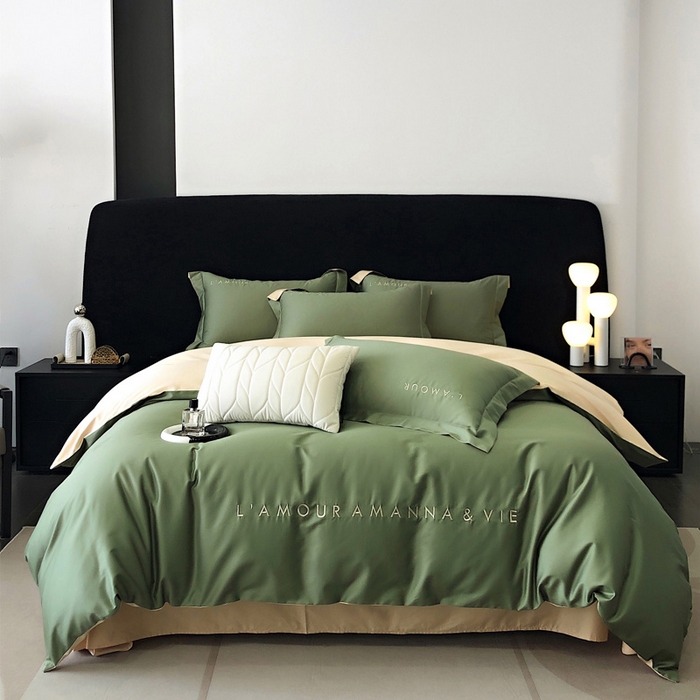 禧澜庭 2026新款高支纯棉全棉斜纹四件套刺绣绣花款轻奢三件套--简爱系列 拾光绿+香槟