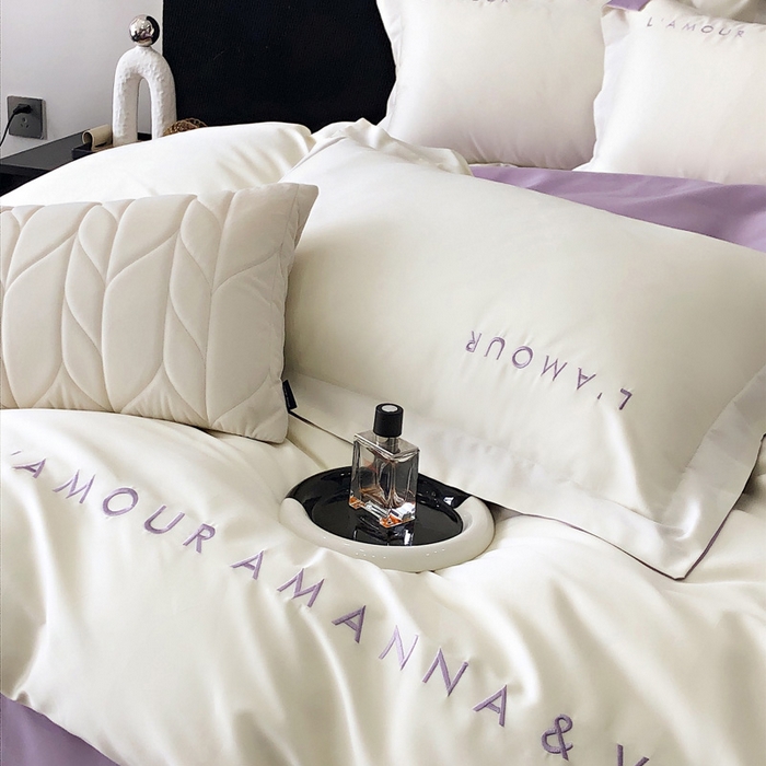 91家纺网 家纺一手货源 找家纺 禧澜庭 2026新款高支纯棉全棉斜纹四件套刺绣绣花款轻奢三件套--简爱系列 贵族白+浅紫