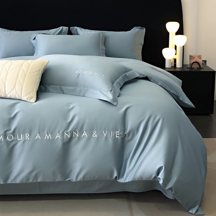 91家纺网 家纺一手货源 找家纺 禧澜庭 2026新款高支纯棉全棉斜纹四件套刺绣绣花款轻奢三件套--简爱系列 莫奈蓝