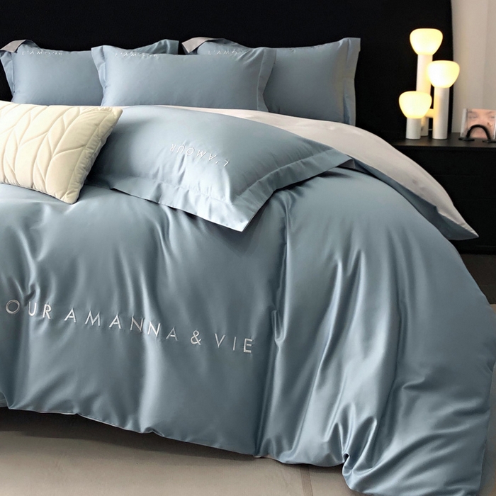 91家纺网 家纺一手货源 找家纺 禧澜庭 2026新款高支纯棉全棉斜纹四件套刺绣绣花款轻奢三件套--简爱系列 莫奈蓝+浅灰