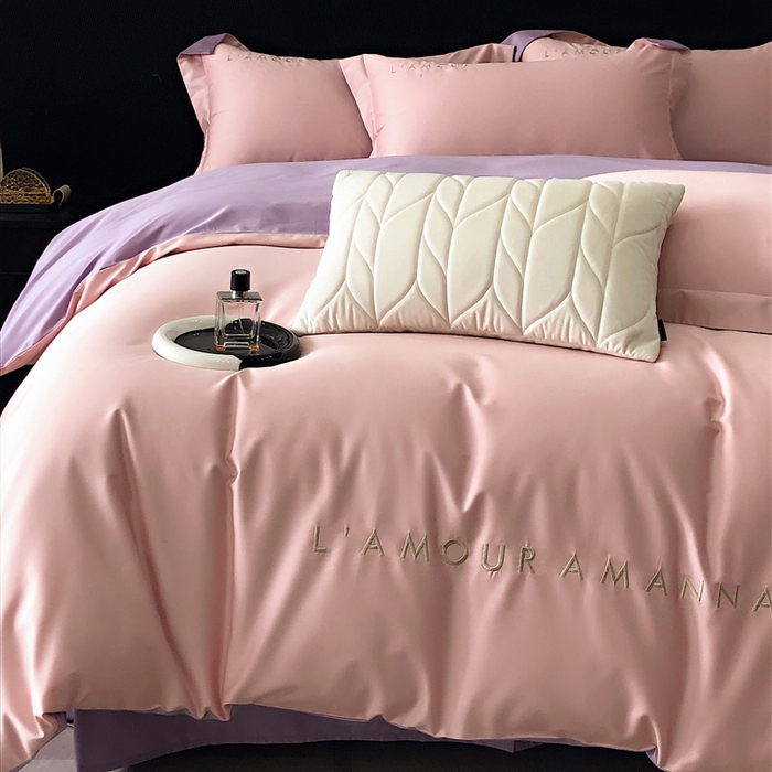 91家纺网 家纺一手货源 找家纺 禧澜庭 2026新款高支纯棉全棉斜纹四件套刺绣绣花款轻奢三件套--简爱系列 芙蓉粉+浅紫