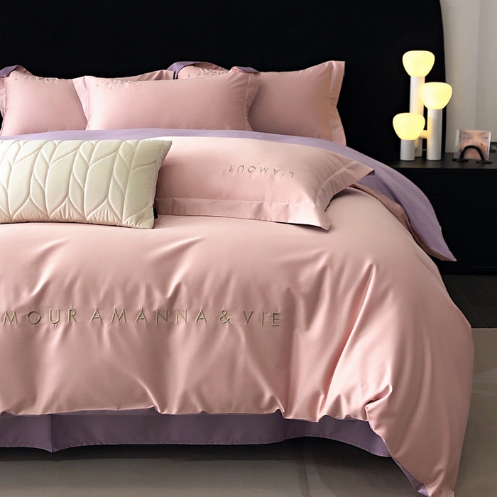 91家纺网 家纺一手货源 找家纺 禧澜庭 2026新款高支纯棉全棉斜纹四件套刺绣绣花款轻奢三件套--简爱系列 芙蓉粉+浅紫