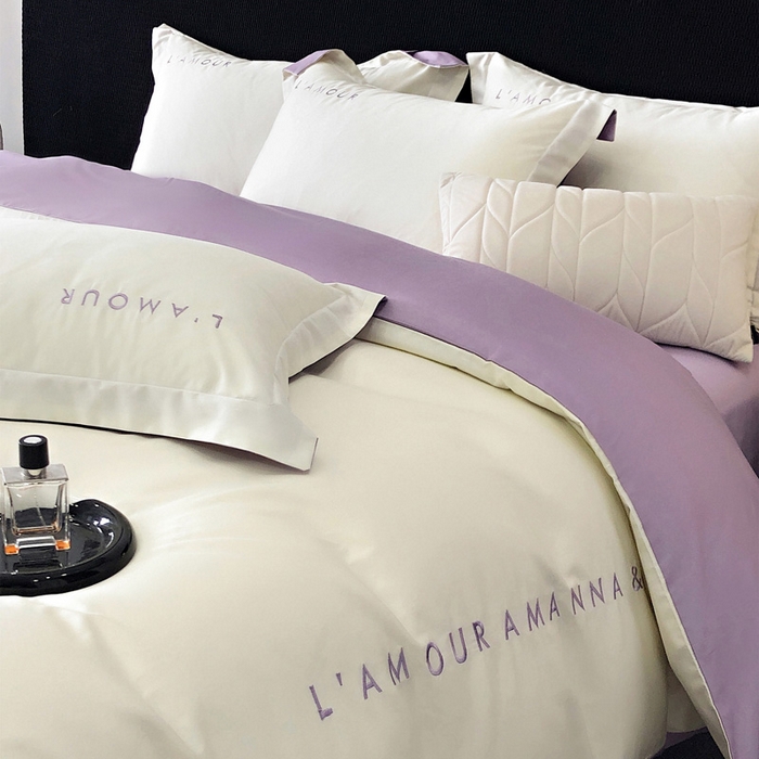 91家纺网 家纺一手货源 找家纺 禧澜庭 2026新款高支纯棉全棉斜纹四件套刺绣绣花款轻奢三件套--简爱系列 贵族白+浅紫