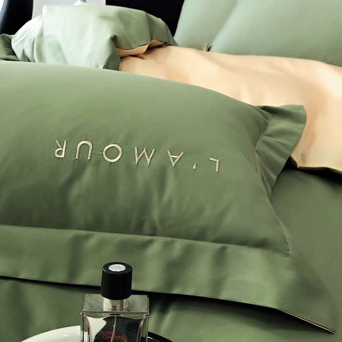 91家纺网 家纺一手货源 找家纺 禧澜庭 2026新款高支纯棉全棉斜纹四件套刺绣绣花款轻奢三件套--简爱系列 拾光绿+香槟