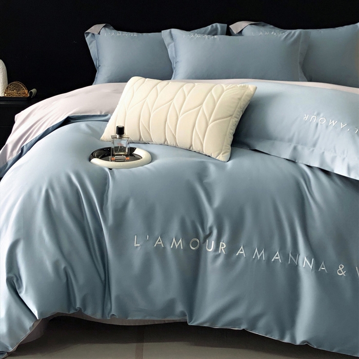 91家纺网 家纺一手货源 找家纺 禧澜庭 2026新款高支纯棉全棉斜纹四件套刺绣绣花款轻奢三件套--简爱系列 莫奈蓝+浅灰