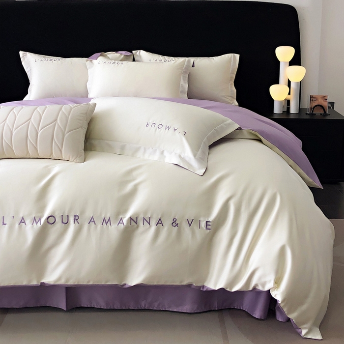 91家纺网 家纺一手货源 找家纺 禧澜庭 2026新款高支纯棉全棉斜纹四件套刺绣绣花款轻奢三件套--简爱系列 贵族白+浅紫