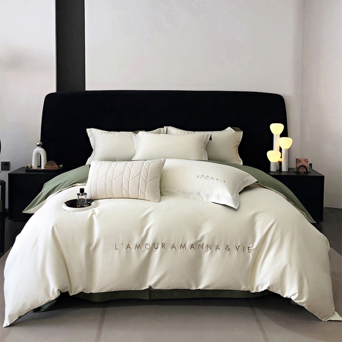 禧澜庭 2026新款高支纯棉全棉斜纹四件套刺绣绣花款轻奢三件套--简爱系列 贵族白+绿色