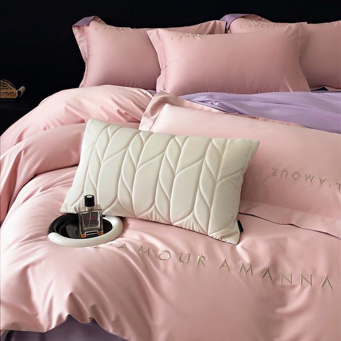 91家纺网 家纺一手货源 找家纺 禧澜庭 2026新款高支纯棉全棉斜纹四件套刺绣绣花款轻奢三件套--简爱系列 芙蓉粉+浅紫