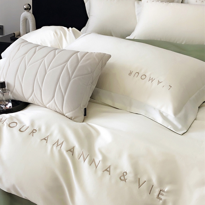 91家纺网 家纺一手货源 找家纺 禧澜庭 2026新款高支纯棉全棉斜纹四件套刺绣绣花款轻奢三件套--简爱系列 贵族白+绿色