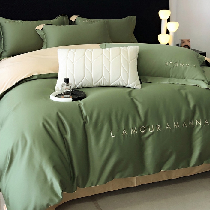 91家纺网 家纺一手货源 找家纺 禧澜庭 2026新款高支纯棉全棉斜纹四件套刺绣绣花款轻奢三件套--简爱系列 拾光绿+香槟