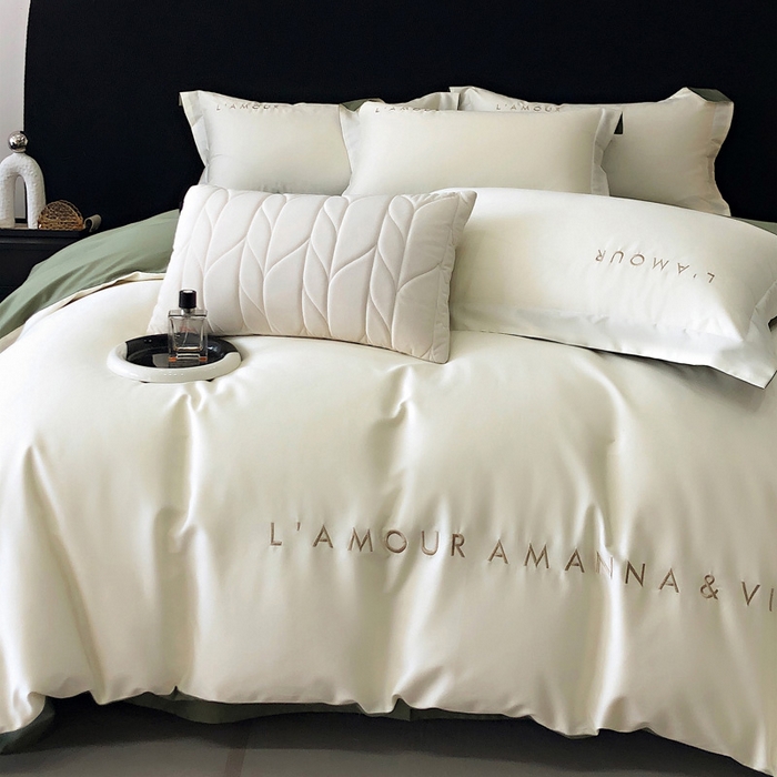 91家纺网 家纺一手货源 找家纺 禧澜庭 2026新款高支纯棉全棉斜纹四件套刺绣绣花款轻奢三件套--简爱系列 贵族白+绿色