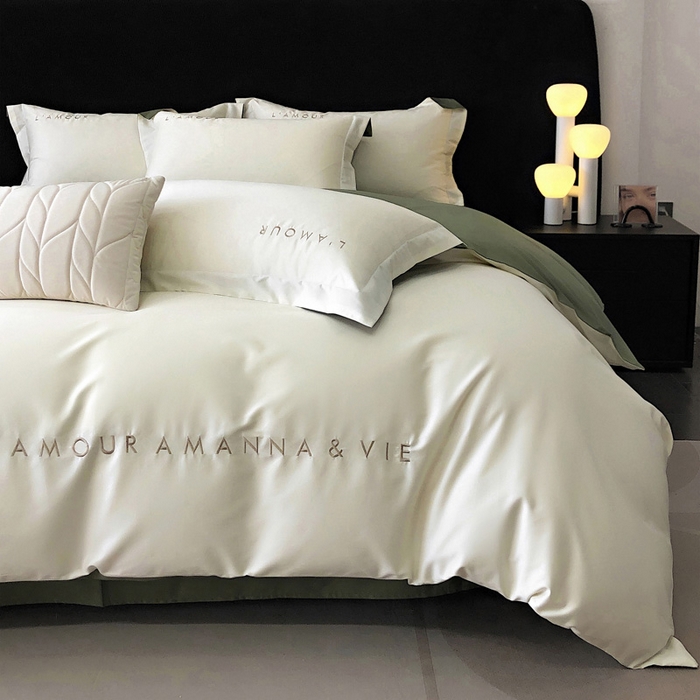 91家纺网 家纺一手货源 找家纺 禧澜庭 2026新款高支纯棉全棉斜纹四件套刺绣绣花款轻奢三件套--简爱系列 贵族白+绿色