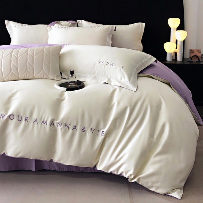 91家纺网 家纺一手货源 找家纺 禧澜庭 2026新款高支纯棉全棉斜纹四件套刺绣绣花款轻奢三件套--简爱系列 贵族白+浅紫