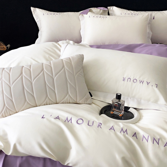 91家纺网 家纺一手货源 找家纺 禧澜庭 2026新款高支纯棉全棉斜纹四件套刺绣绣花款轻奢三件套--简爱系列 贵族白+浅紫