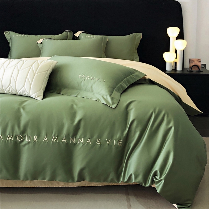 91家纺网 家纺一手货源 找家纺 禧澜庭 2026新款高支纯棉全棉斜纹四件套刺绣绣花款轻奢三件套--简爱系列 拾光绿+香槟