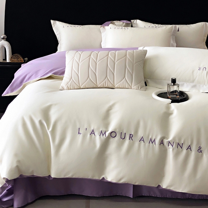 91家纺网 家纺一手货源 找家纺 禧澜庭 2026新款高支纯棉全棉斜纹四件套刺绣绣花款轻奢三件套--简爱系列 贵族白+浅紫