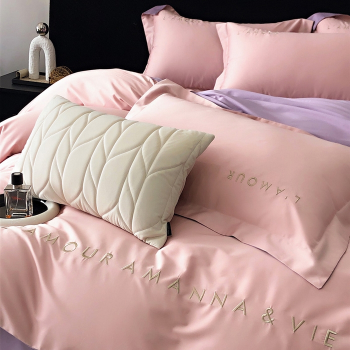 91家纺网 家纺一手货源 找家纺 禧澜庭 2026新款高支纯棉全棉斜纹四件套刺绣绣花款轻奢三件套--简爱系列 芙蓉粉+浅紫