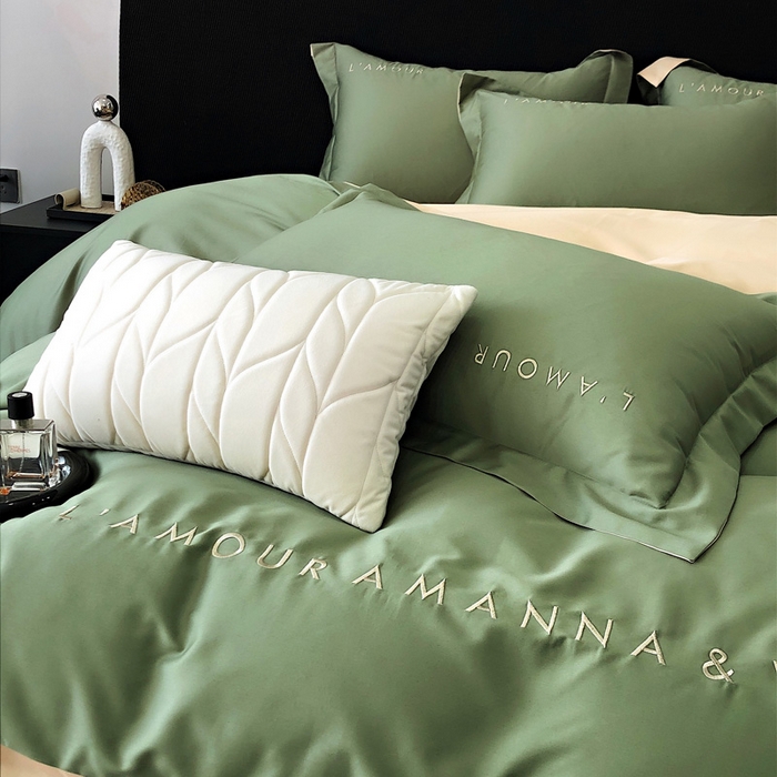 91家纺网 家纺一手货源 找家纺 禧澜庭 2026新款高支纯棉全棉斜纹四件套刺绣绣花款轻奢三件套--简爱系列 拾光绿+香槟