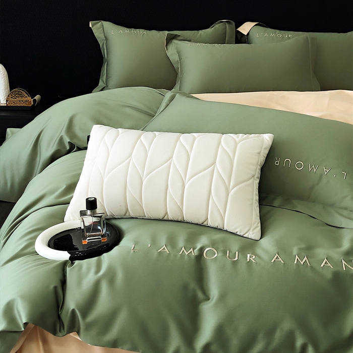 91家纺网 家纺一手货源 找家纺 禧澜庭 2026新款高支纯棉全棉斜纹四件套刺绣绣花款轻奢三件套--简爱系列 拾光绿+香槟