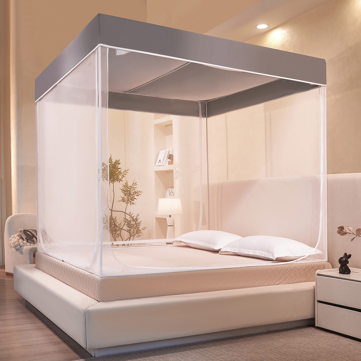 91家纺网 家纺一手货源 找家纺 （总）世婕 2026新款大空间防尘坐床蚊帐-素夏