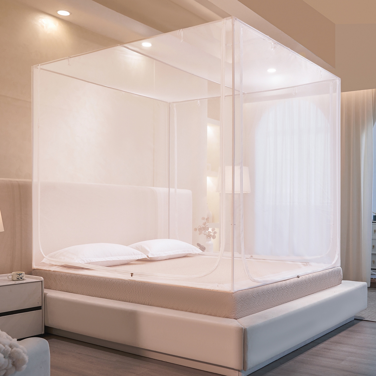 91家纺网 家纺一手货源 找家纺 世婕 2026新款大空间防尘坐床蚊帐-素夏 素夏 白 无顶