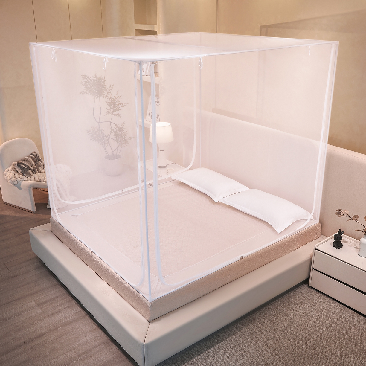 91家纺网 家纺一手货源 找家纺 世婕 2026新款大空间防尘坐床蚊帐-素夏 素夏 白 无顶