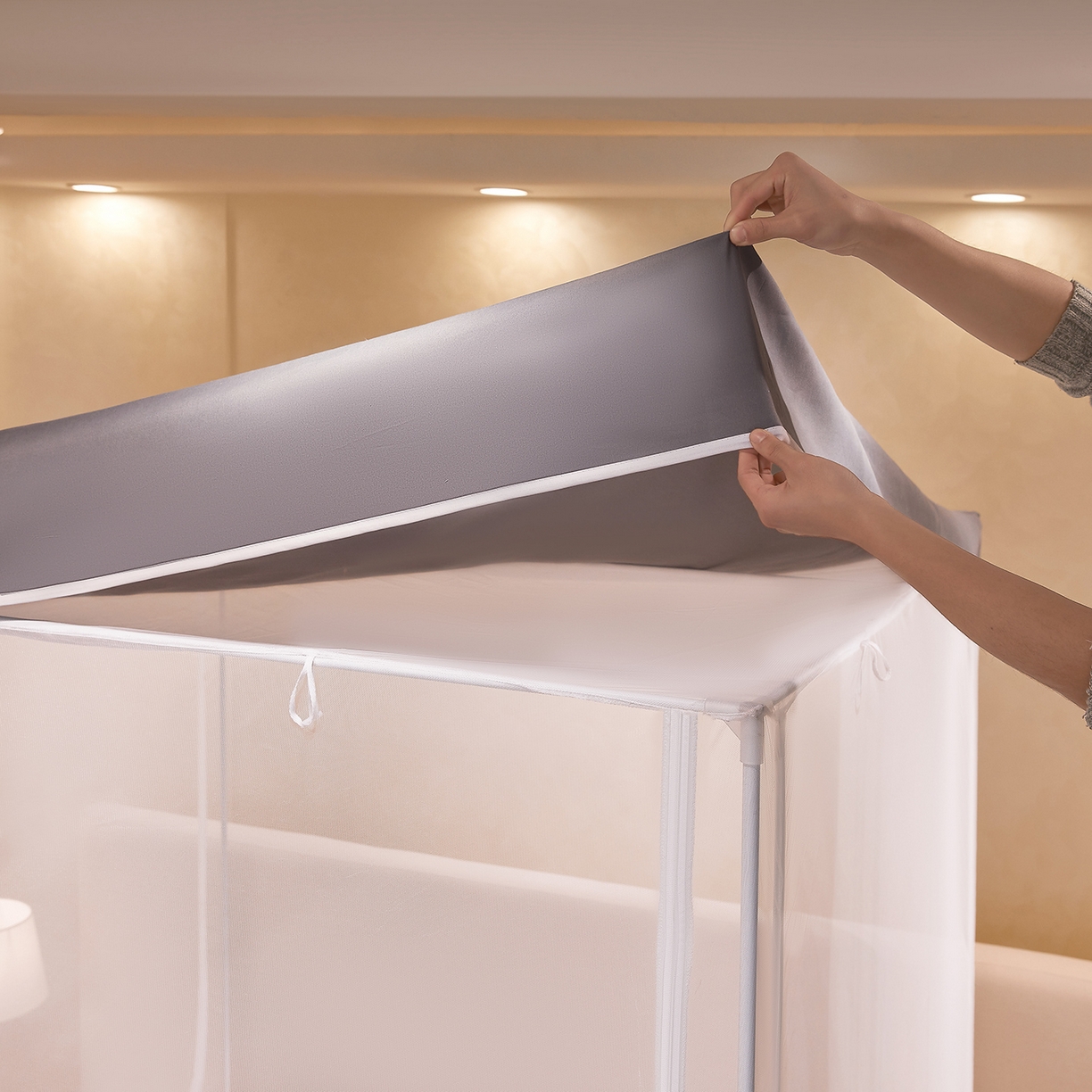 91家纺网 家纺一手货源 找家纺 世婕 2026新款大空间防尘坐床蚊帐-素夏 素夏 星灰