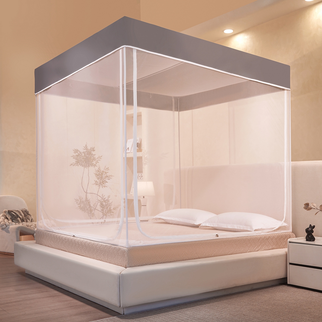 91家纺网 家纺一手货源 找家纺 世婕 2026新款大空间防尘坐床蚊帐-素夏 素夏 星灰