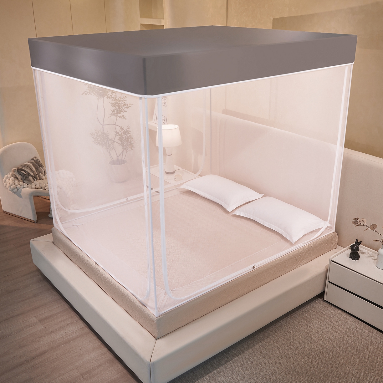 91家纺网 家纺一手货源 找家纺 世婕 2026新款大空间防尘坐床蚊帐-素夏 素夏 星灰