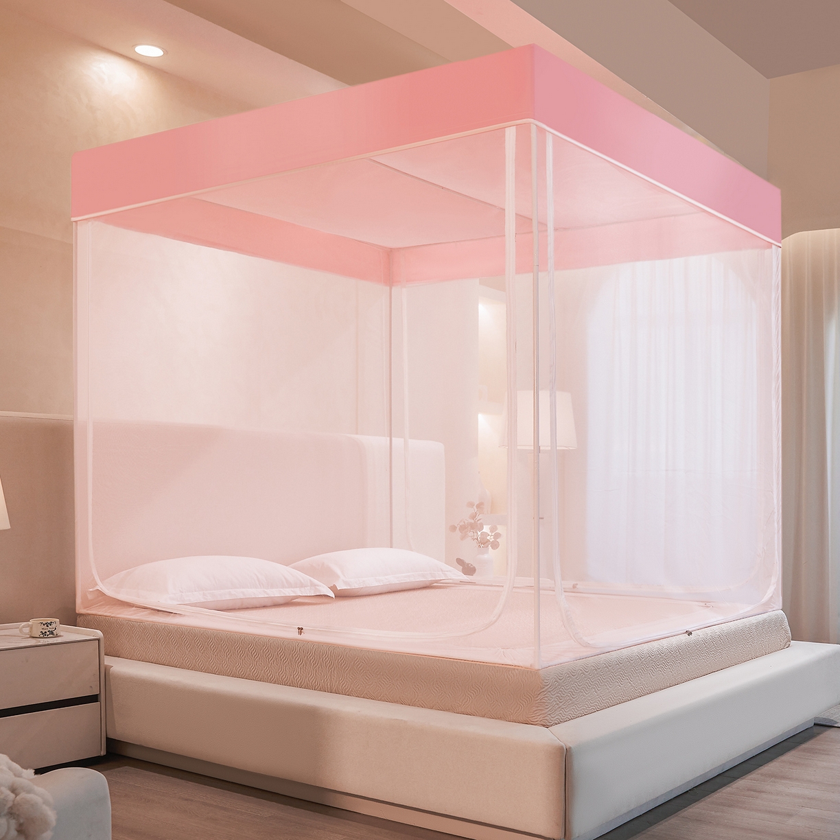 91家纺网 家纺一手货源 找家纺 世婕 2026新款大空间防尘坐床蚊帐-素夏 素夏 粉玉