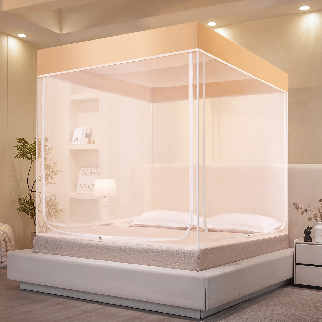 91家纺网 家纺一手货源 找家纺 世婕 2026新款大空间防尘坐床蚊帐-素夏 素夏 卡其