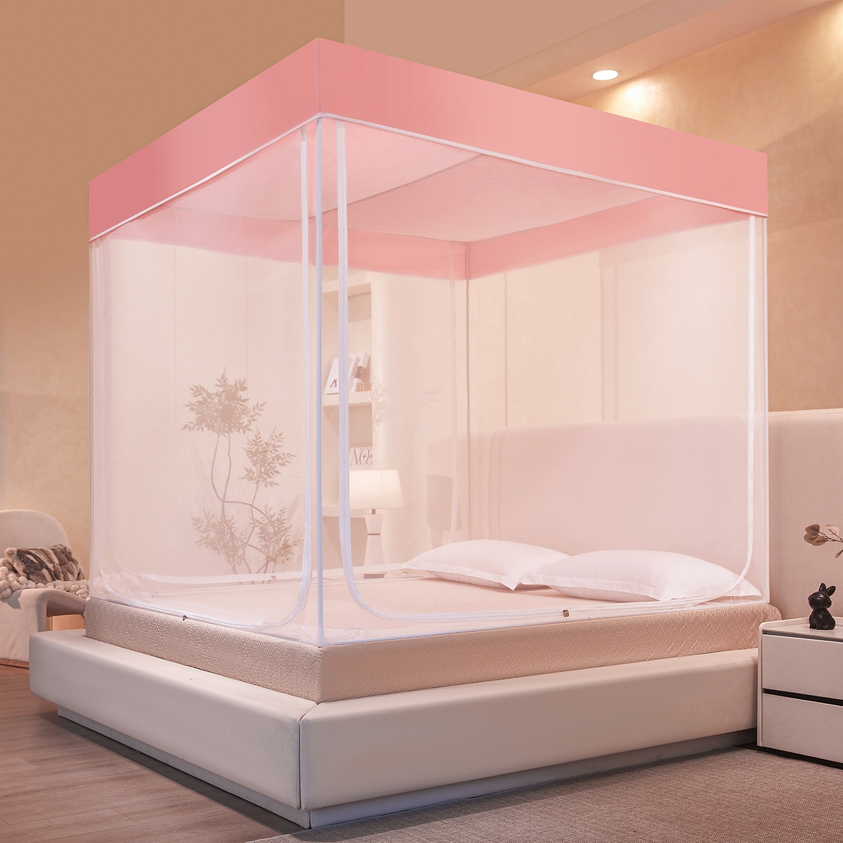 91家纺网 家纺一手货源 找家纺 世婕 2026新款大空间防尘坐床蚊帐-素夏 素夏 粉玉