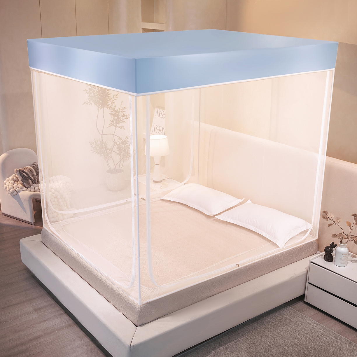 91家纺网 家纺一手货源 找家纺 世婕 2026新款大空间防尘坐床蚊帐-素夏 素夏 梦蓝