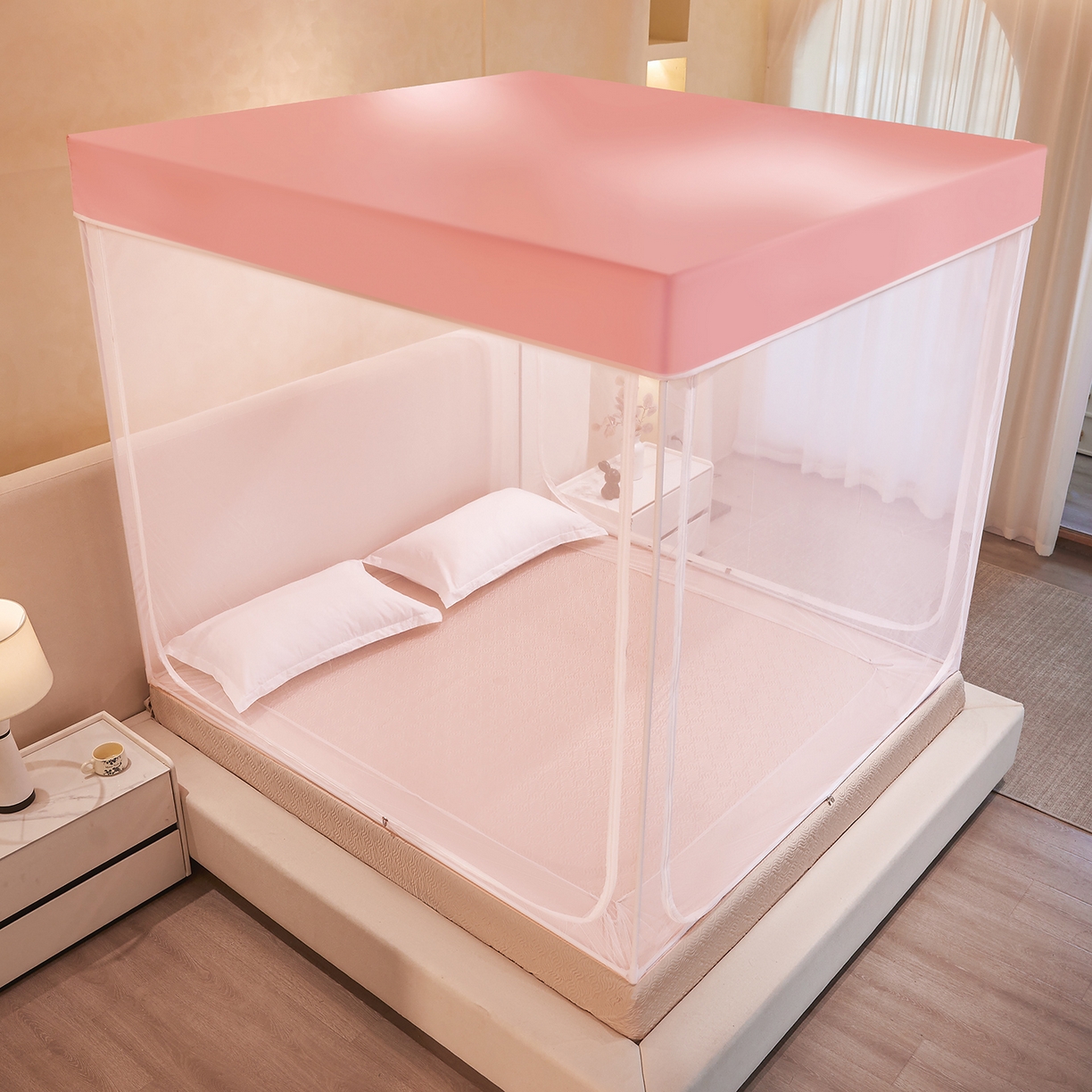 91家纺网 家纺一手货源 找家纺 世婕 2026新款大空间防尘坐床蚊帐-素夏 素夏 粉玉