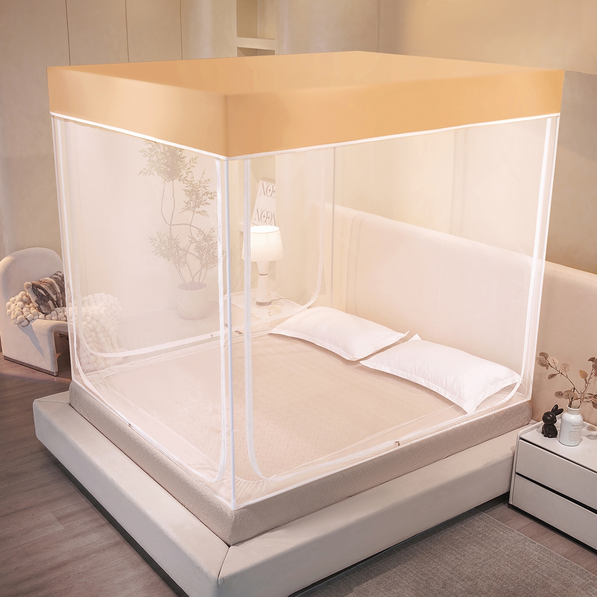 91家纺网 家纺一手货源 找家纺 世婕 2026新款大空间防尘坐床蚊帐-素夏 素夏 卡其