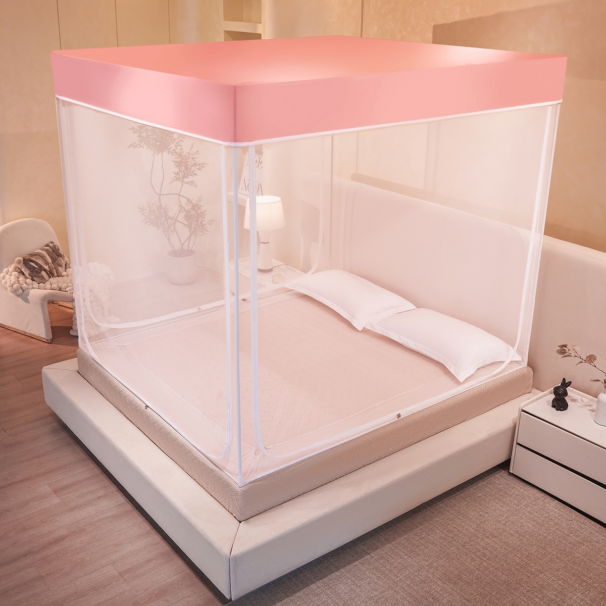 91家纺网 家纺一手货源 找家纺 世婕 2026新款大空间防尘坐床蚊帐-素夏 素夏 粉玉