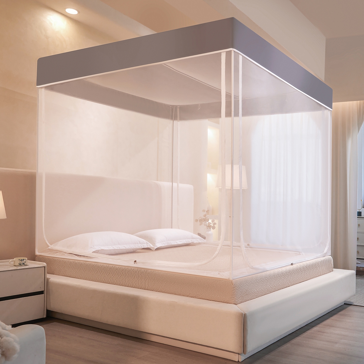 91家纺网 家纺一手货源 找家纺 世婕 2026新款大空间防尘坐床蚊帐-素夏 素夏 星灰