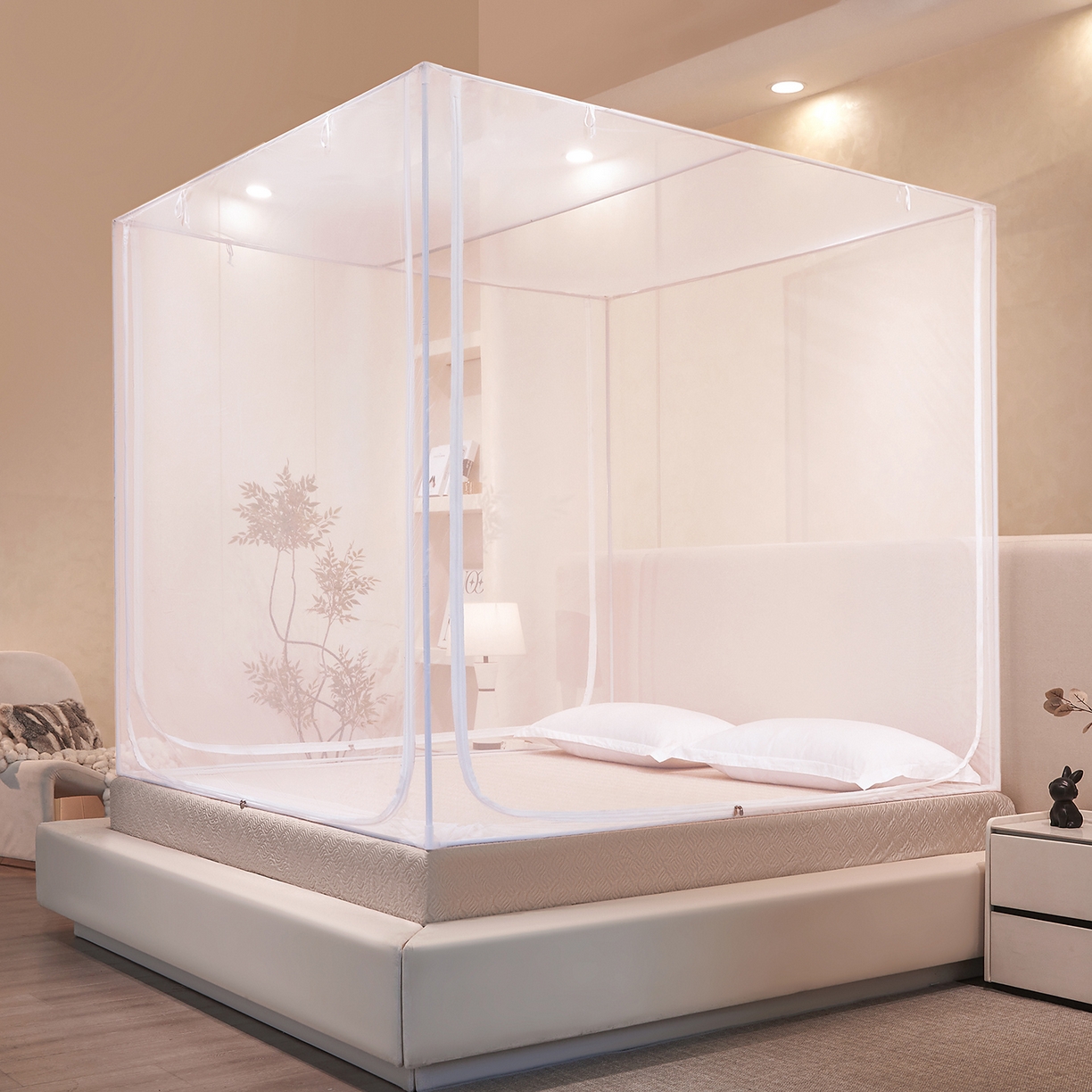 91家纺网 家纺一手货源 找家纺 世婕 2026新款大空间防尘坐床蚊帐-素夏 素夏 白 无顶