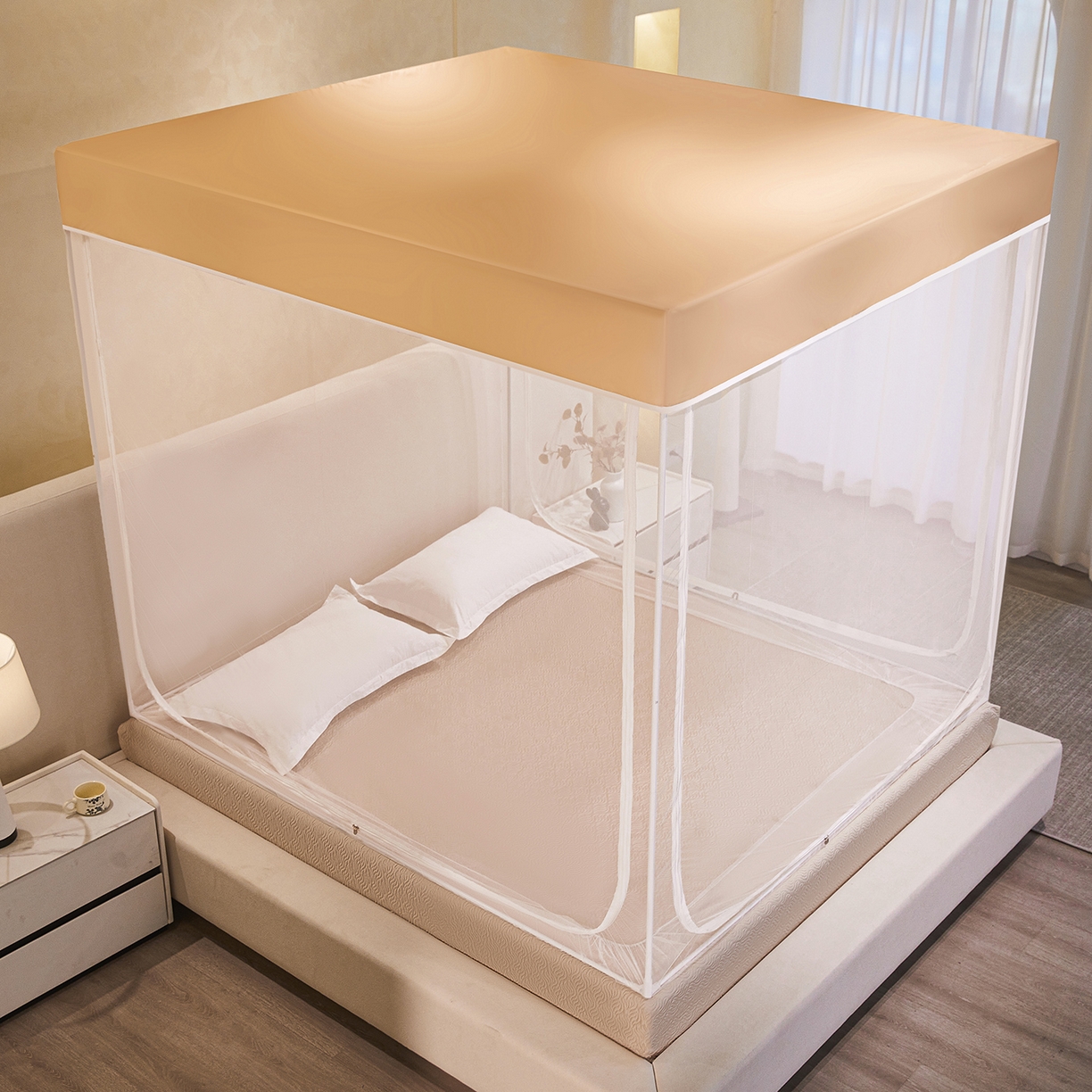 91家纺网 家纺一手货源 找家纺 世婕 2026新款大空间防尘坐床蚊帐-素夏 素夏 卡其